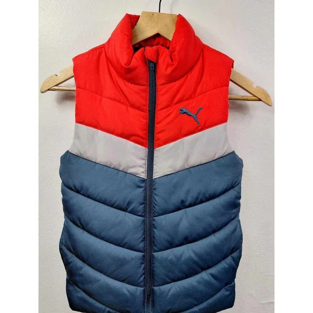 Puma Puffer Vest Boys Red Gray Navy Quilted Sleeveless Zip Front S 7/8